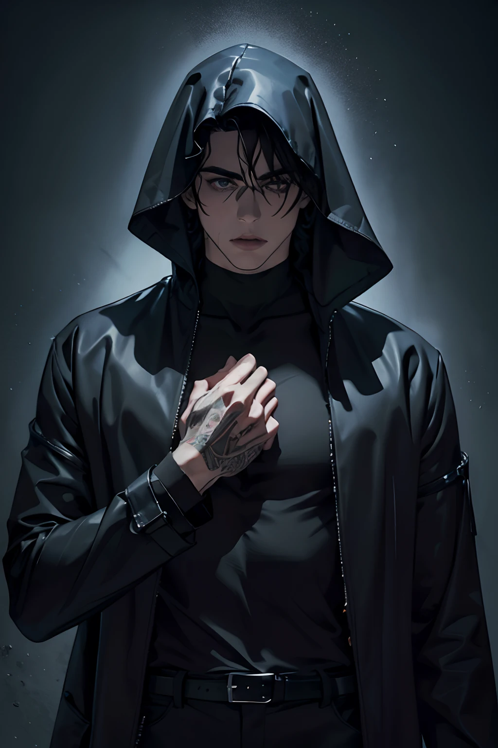 "(The best quality,4k,8k,High Resolutions,masterpiece:1.2),ultra detailed,(realist,fotorrealist,fotorrealist:1.37), Manhwa Art European 25 years old man, ivory skin, Messy hair jet black hair, lovecraft character, piercing eyes, gray iris, Wear black coat,  naked torso, muscled body, athletic body, razor-sharp jawline, glare, Cold and mysterious character, Whole body, athletic body, black tentacles coming out of his body, lovecraft god,  8k, Detailed features, very handsome, Dreamy look on his face, bright illumination, blurred background, sexy body tattoos