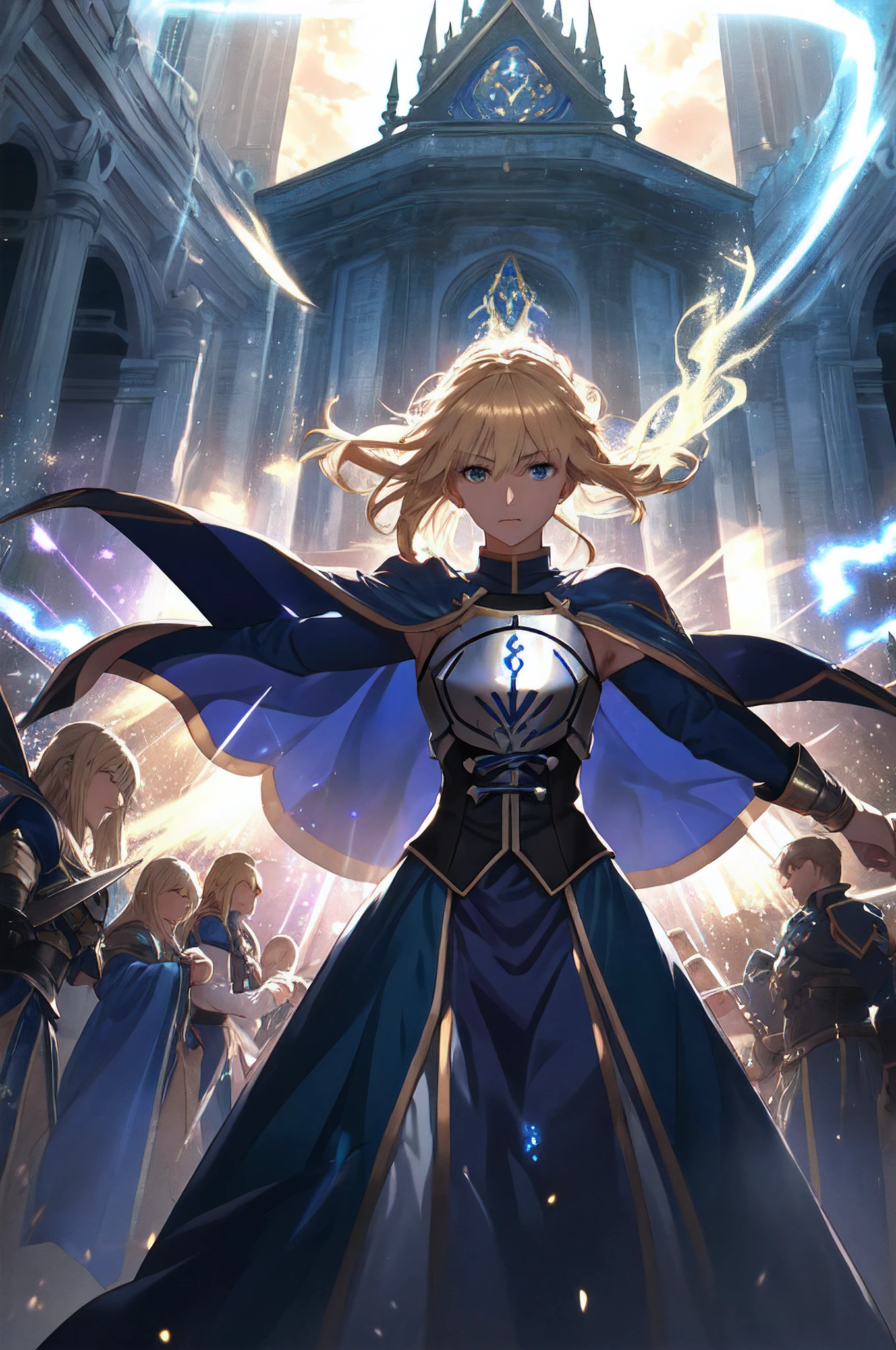 (melhor qualidade:1.2, Ultra-detalhado, realista:1.37), artoria pendragon, exalando hálito mágico azul, segurando a Excalibur com ambas as mãos com firmeza, cabelos dourados flutuando ao vento, intensa aura de batalha emanando dela, expressão confiante e determinada, olhos azuis brilhantes com um toque de magia, vestindo uma armadura deslumbrante, gravuras intrincadas na armadura, desgastado pela batalha com arranhões e amassados, cota de malha intrincada protegendo seu corpo, manto azul vibrante fluindo atrás dela, cercado por um cenário de batalha feroz, restos de armas e armaduras inimigas destruídas espalhadas pelo chão, confronto épico entre heróis e adversários monstruosos, iluminação dramática lançando longas sombras, faíscas voando no ar, energia mágica crepitando ao redor de Artoria, envolto em uma mistura de luz azul e dourada, invocando seu nobre fantasma, montanhas imponentes ao fundo, nuvens escuras e tempestuosas simbolizando a intensidade da batalha, atmosfera épica e majestosa, invocando o poder supremo de Excalibur, grande onda de energia surgindo da espada, criando ondas de choque que quebram o chão, energias mágicas negras entrelaçadas com a aura brilhante de Excalibur, criando uma cena deslumbrante e dinâmica.