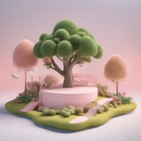 There are a lot of small trees and a pink platform, a 3D render by jeonseok lee, trending on polycount, conceptual art, lie on white clouds fairyland, pastel colourful 3 d, 3d minimalistic art, 3D illustration, 3 D 插图, Playful composition, 3d scene, 3D sce...