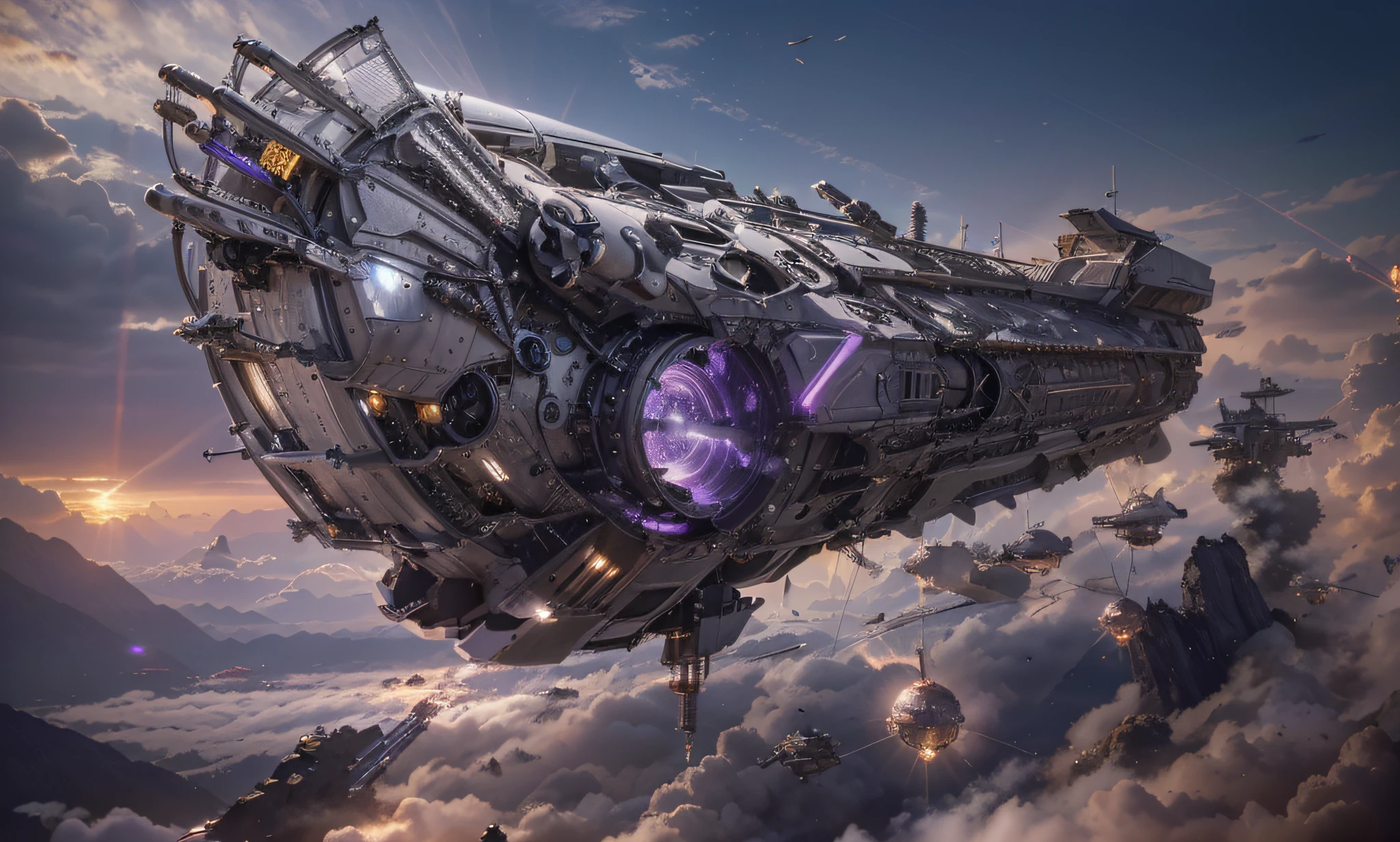 futuristic aircraft Biomechanical metallic, gray color with purple details, shoots laser rays, beautiful sunset, Ultra detailed, Hyper realistic, 4k, Ultra detailed image, realistic, Highly detailed, perfect composition, beautiful intricately detailed incredibly detailed, 8K fine art photography, hyper detailed, Masterpiece