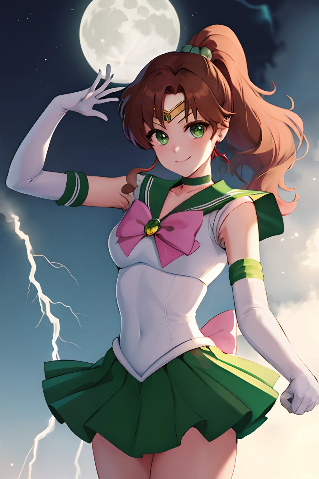 masterpiece, best quality, highres, hmjupiter, green eyes, ponytail, tiara, jewelry, sailor senshi uniform, green sailor collar, choker, elbow gloves, white gloves, pink bow, brooch, leotard, green skirt, cowboy shot, standing, night, moon, smile, lightning in the background