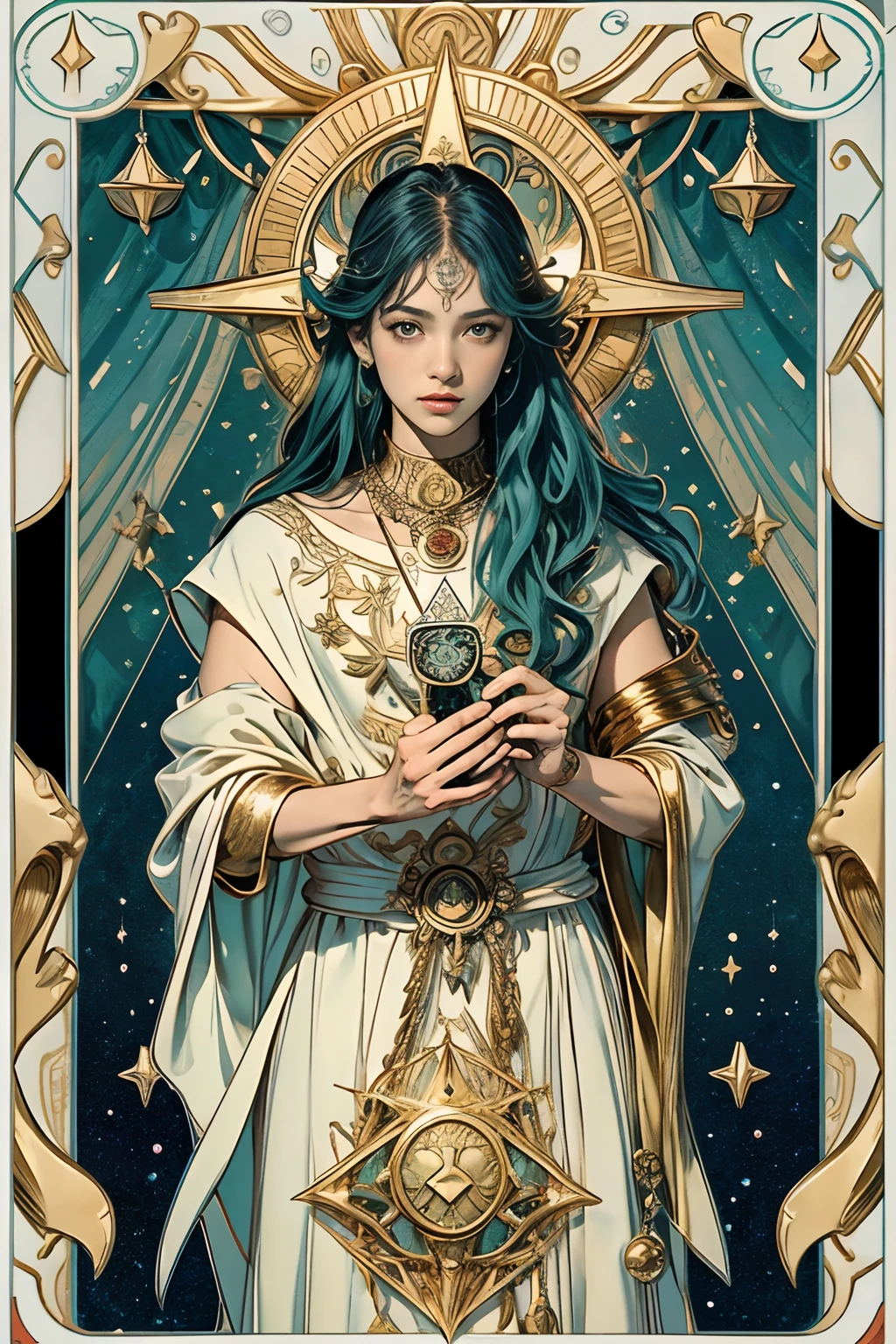 cartas de tarot，Borde completo del tarot，(La imagen está rodeada por un borde estilo carta de tarot.:1.8)（mejor calidad de imagenes），（extremadamente detallado description），arte oficial, Fondo de pantalla de unidad 8k, ultra detallado, hermoso y esteticamente agradable, obra maestra, mejor calidad, 1 pieza de armadura medieval，, (Peinados: pelo largo) océano, extremadamente detallado, ángulo dinámico, tiro de vaquero, Las formas más bellas del caos., Fauvistdesign, color vivo, el romanticismo yacía, Seafoam, Burbujas, conchas, pez, perlas，sosteniendo un lindo juguete，hombre fuerte，estilo vintage，（zentangle，datura，enredos，enredado），rayos santos，Papel de oro，arte de la hoja de oro，dibujo de brillo