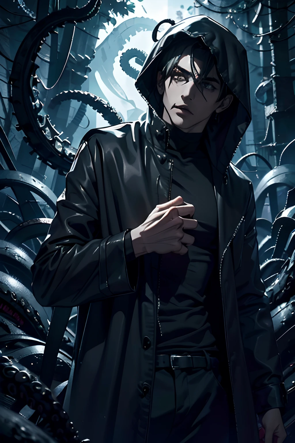 "(The best quality,4k,8k,High Resolutions,masterpiece:1.2),ultra detailed,(realist,fotorrealist,fotorrealist:1.37), Manhwa Art European 25 years old man, ivory skin, Messy hair jet black hair, lovecraft character, piercing eyes, gray iris, Wear black coat,  naked torso, muscled body, athletic body, razor-sharp jawline, glare, Cold and mysterious character, Whole body, athletic body, black tentacles coming out of his body, lovecraft god,  8k, Detailed features, very handsome, Dreamy look on his face, bright illumination, blurred background, sexy body tattoos, monstrous body, nyarlathotep