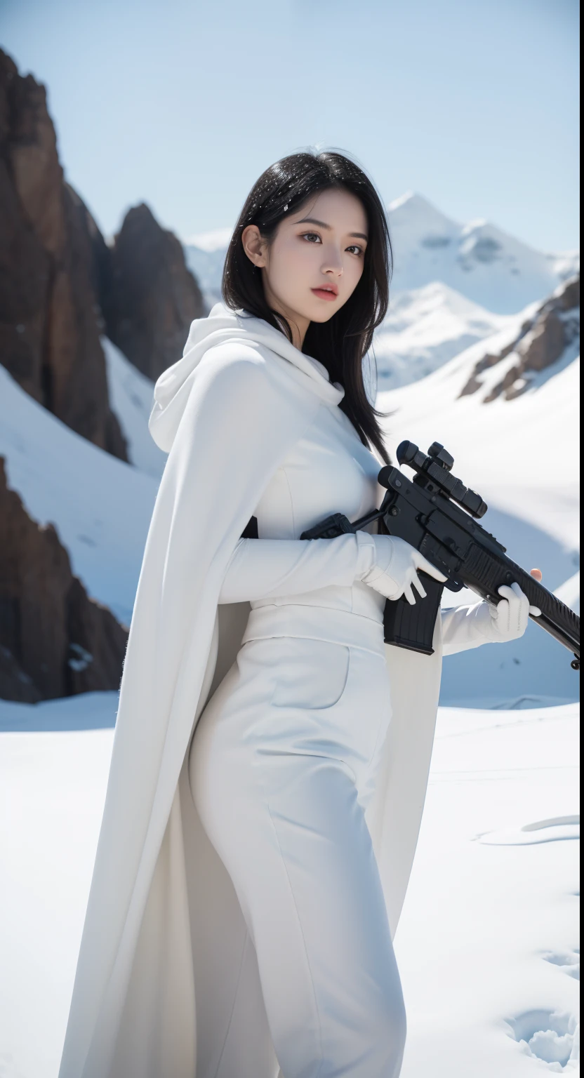 montañas nevadas，Fotorrealista, alta resolución, hermosa mujer alta, Solo,  ver al espectador, (cara detallada),pelo de color negro, pelo largo y blanco, disfraz de capa blanca,Mono liso blanco， Fondo de nieve, Chica apuntando con rifle de asalto（realista1.5）