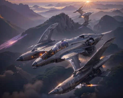futuristic aircraft Biomechanical metallic, gray color with purple details, shoots laser rays, beautiful sunset, Ultra detailed,...