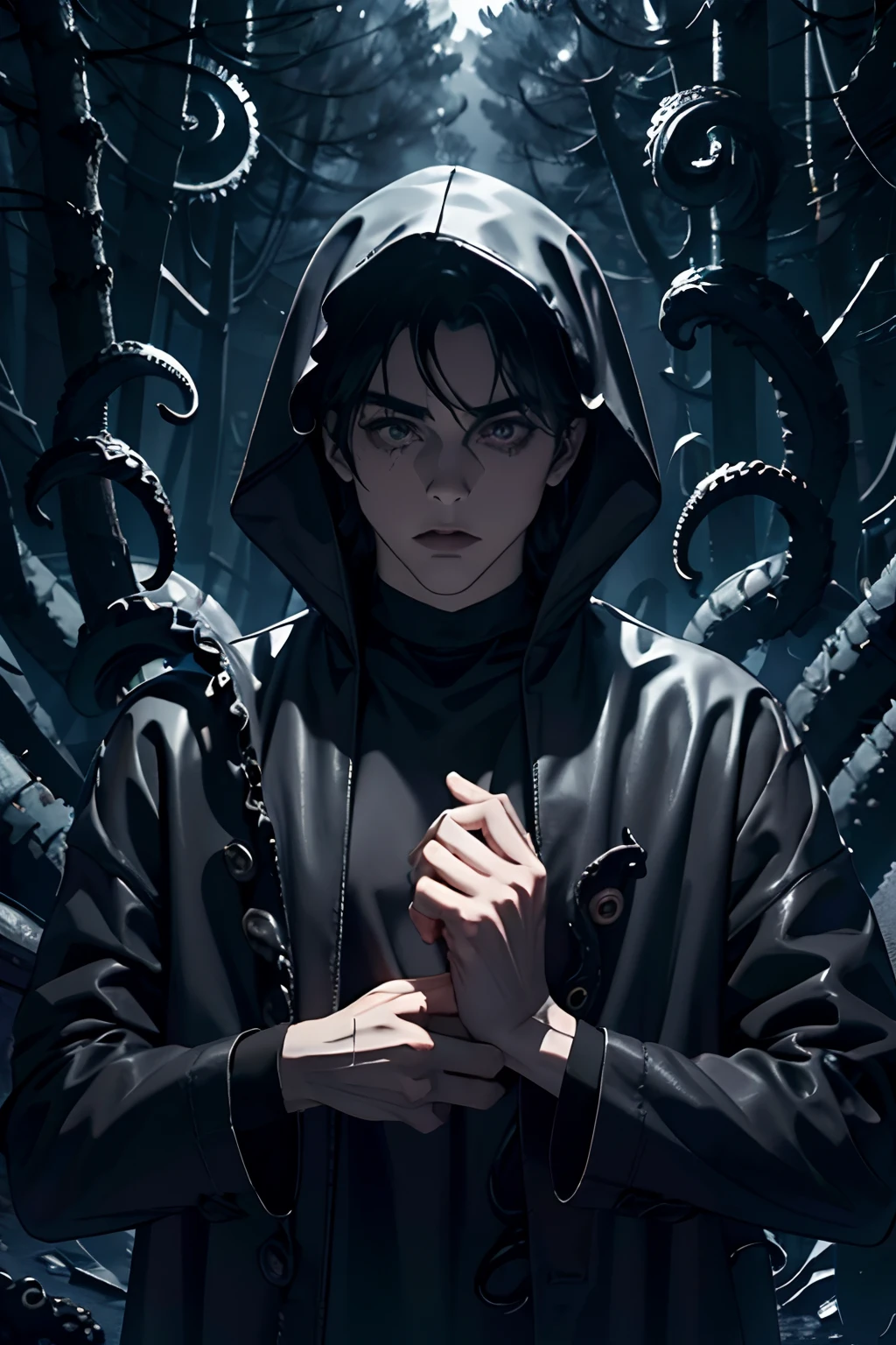 "(The best quality,4k,8k,High Resolutions,masterpiece:1.2),ultra detailed,(realist,fotorrealist,fotorrealist:1.37), Manhwa Art European 25 years old man, ivory skin, Messy hair jet black hair, lovecraft character, piercing eyes, gray iris, Wear black coat,  naked torso, muscled body, athletic body, razor-sharp jawline, glare, Cold and mysterious character, Whole body, athletic body, black tentacles coming out of his body, lovecraft god,  8k, Detailed features, very handsome, Dreamy look on his face, bright illumination, blurred background, sexy body tattoos, monstrous body, nyarlathotep, distraught face, craziness, crazy eyes