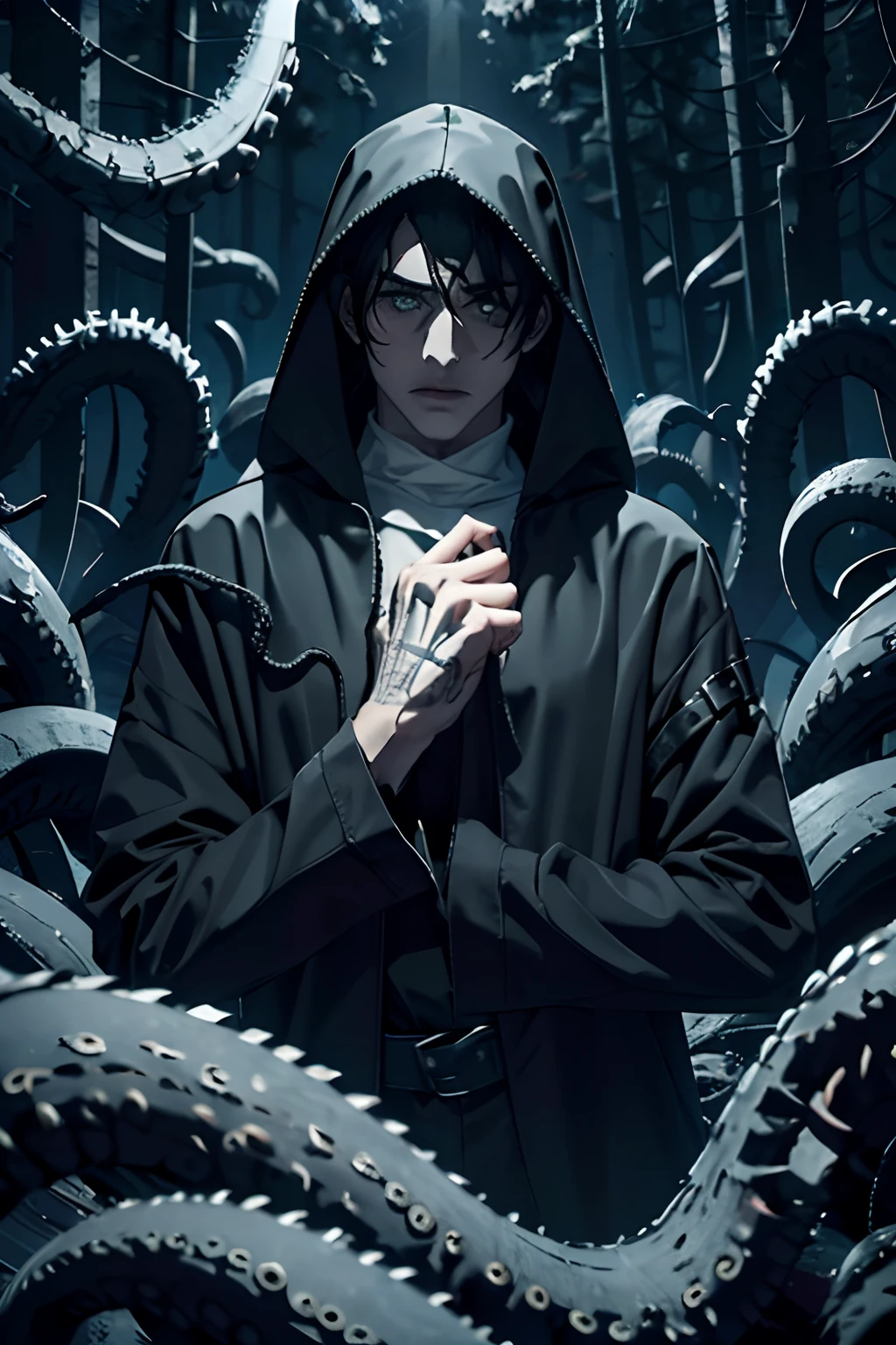 "(The best quality,4k,8k,High Resolutions,masterpiece:1.2),ultra detailed,(realist,fotorrealist,fotorrealist:1.37), Manhwa Art European 25 years old man, ivory skin, Messy hair jet black hair, lovecraft character, piercing eyes, gray iris, Wear black coat,  naked torso, muscled body, athletic body, razor-sharp jawline, glare, Cold and mysterious character, Whole body, athletic body, black tentacles coming out of his body, lovecraft god,  8k, Detailed features, very handsome, Dreamy look on his face, bright illumination, blurred background, sexy body tattoos, monstrous body, nyarlathotep, distraught face, craziness, crazy eyes