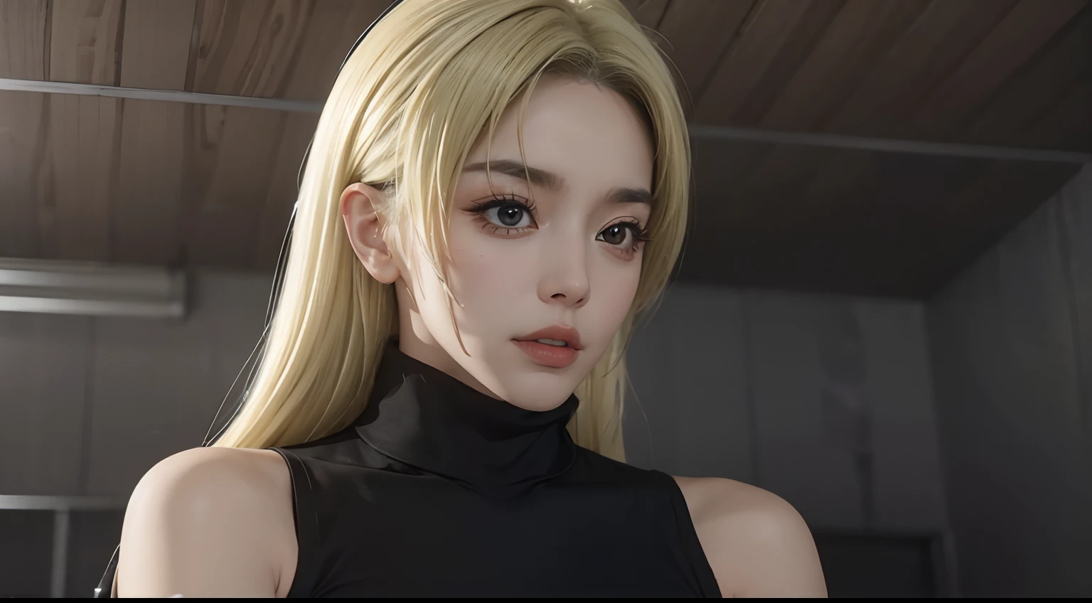 ultimate_beautiful_girl, YukiTsukumo, extremely beautiful face, exquisite face, seductive look, upper body, ((solo)), 1woman, film grain, blonde, sleeveless, black turtleneck, facing viewer