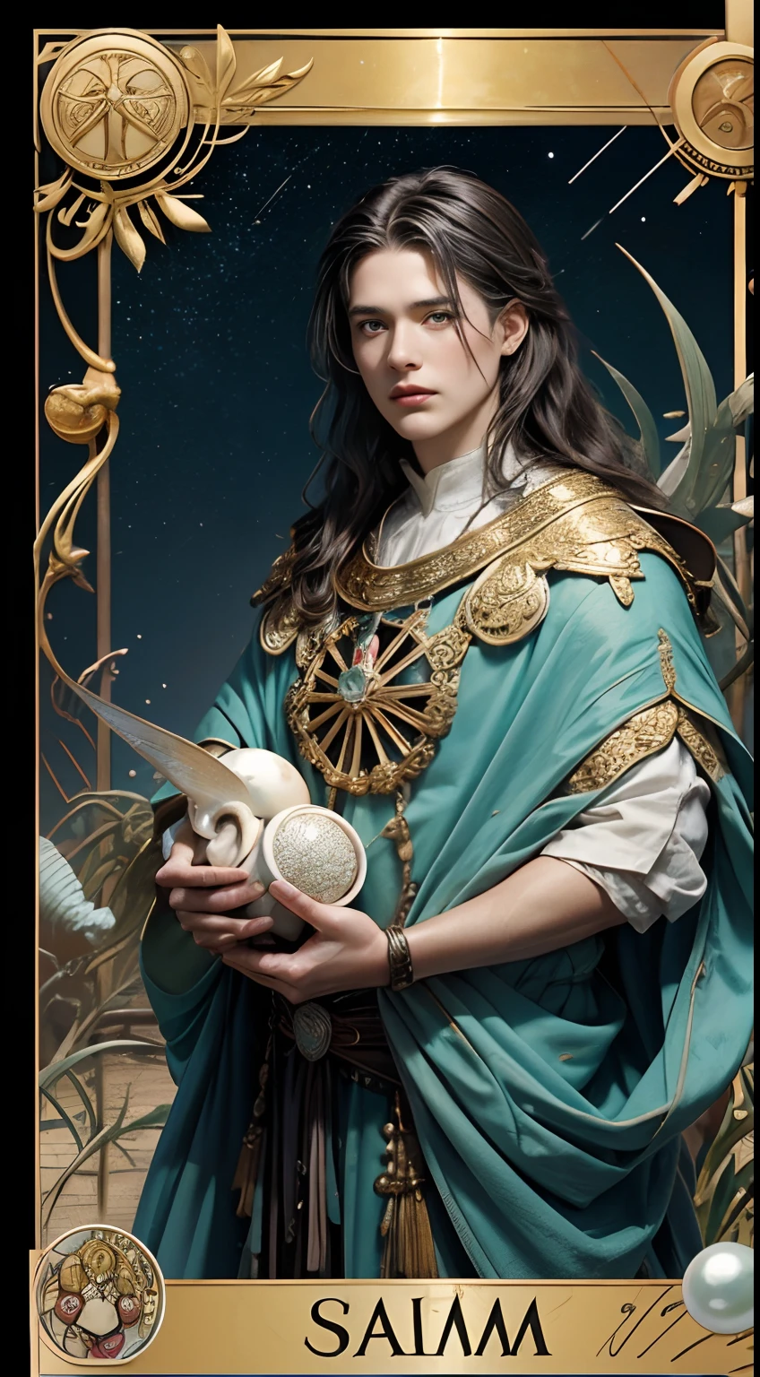 tarot cards，Full tarot border，(The image is surrounded by a tarot card-style border:1.8)（best images quality），（Extremely detailed description），offcial art, Unity 8k壁纸, Ultra-detailed, Beautiful and aesthetically pleasing, tmasterpiece, best qualityer, 1 piece of medieval armor，, (Hairstyles: Long hair) Ocean, Extremely detailed, dynamic angle, Cowboy shot, The most beautiful forms of chaos,  Fauvistdesign, vivd colour, romanticism lain, Seafoam, Buble, shells, Fish, pearls，Holding a cute toy，Strong man，Vintage style，（zentangle，datura，Tangles，entangled），holy rays，gold foil，Gold leaf art，glitter drawing