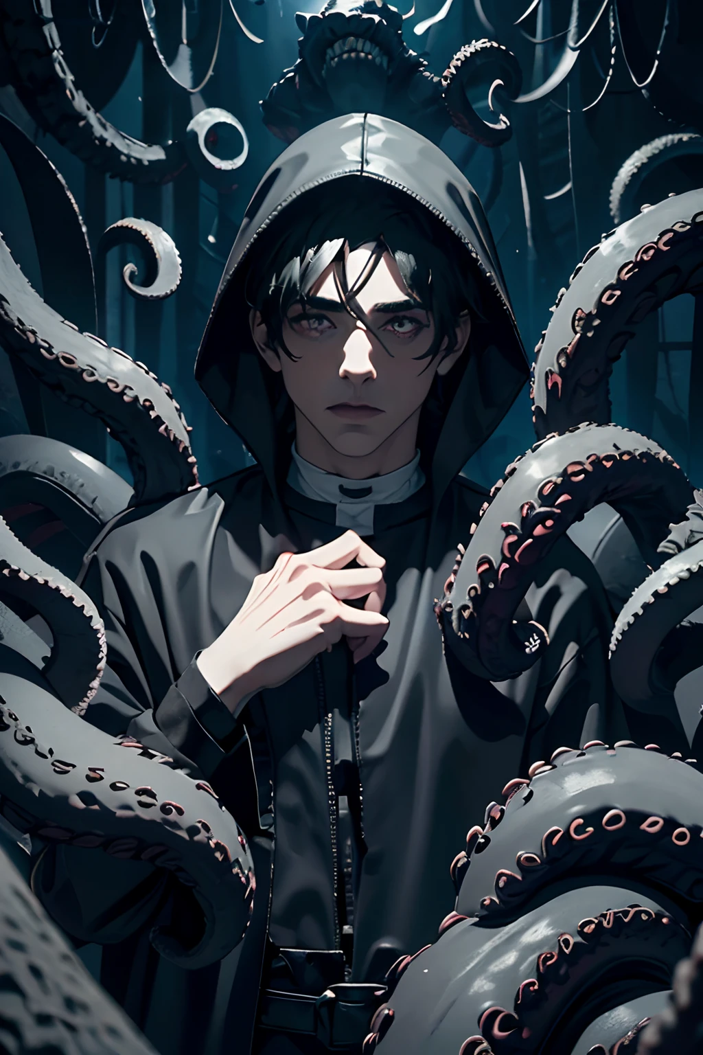 "(The best quality,4k,8k,High Resolutions,masterpiece:1.2),ultra detailed,(realist,fotorrealist,fotorrealist:1.37), Manhwa Art European 25 years old man, ivory skin, Messy hair jet black hair, lovecraft character, piercing eyes, gray iris, Wear black coat,  naked torso, muscled body, athletic body, razor-sharp jawline, glare, Cold and mysterious character, Whole body, athletic body, black tentacles coming out of his body, lovecraft god,  8k, Detailed features, very handsome, Dreamy look on his face, bright illumination, blurred background, sexy body tattoos, monstrous body, nyarlathotep, distraught face, craziness, crazy eyes