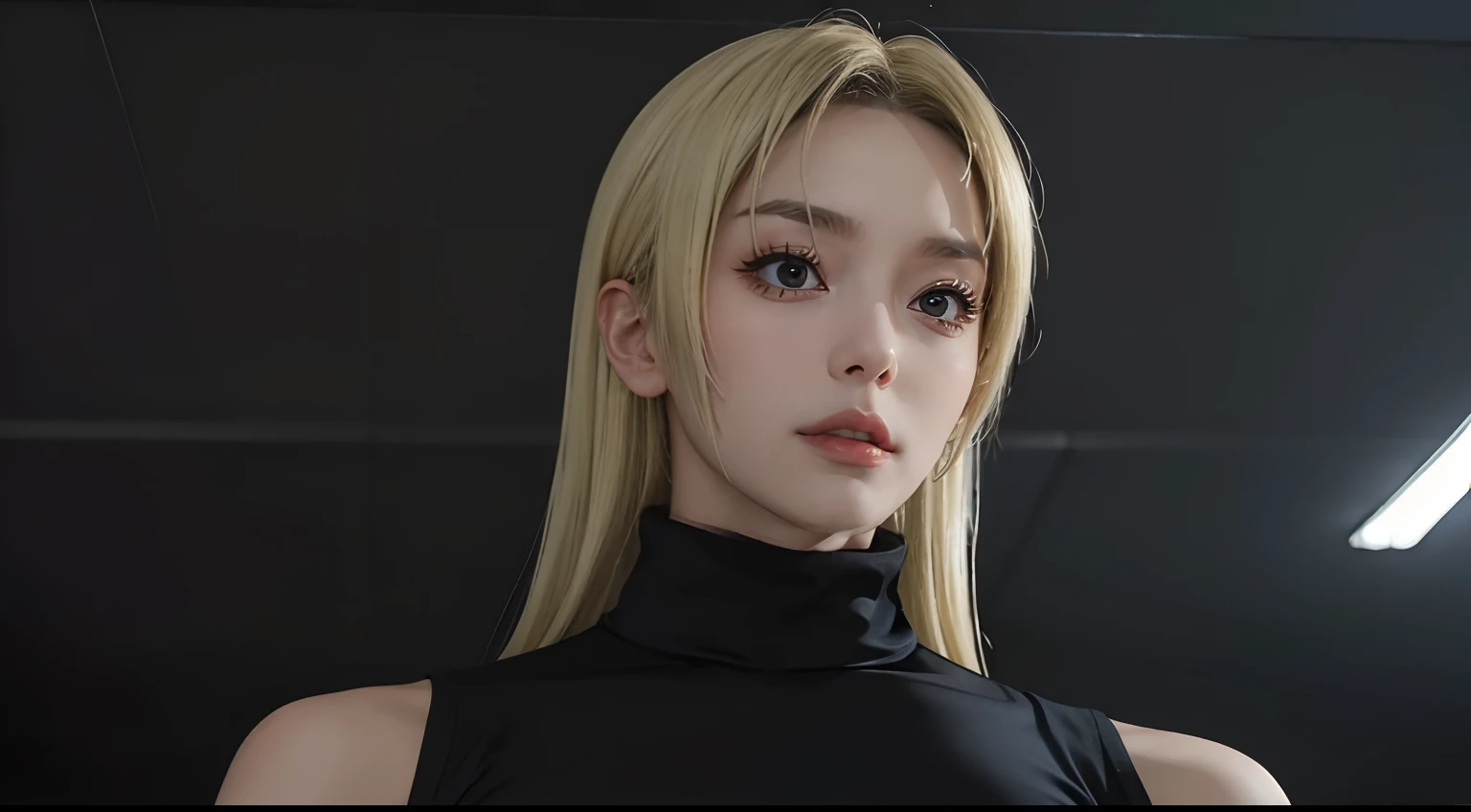 ukiTsukumo, extremely beautiful face, exquisite face, seductive look, upper body, ((solo)), 1woman, film grain, blonde, sleeveless, black turtleneck, facing viewer, large breast