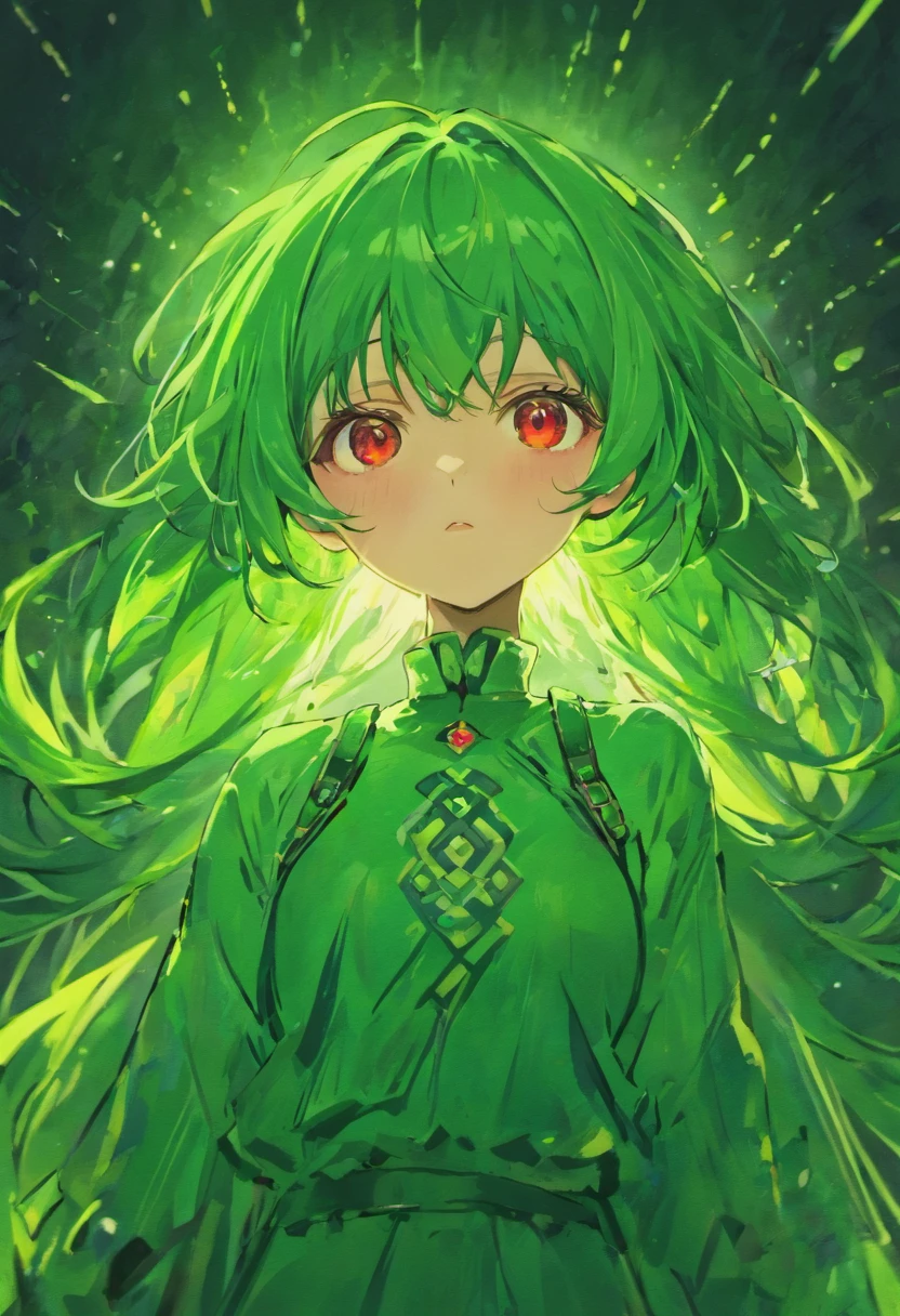 A girl with green hair and red eyes standing in front of a green light -  SeaArt AI