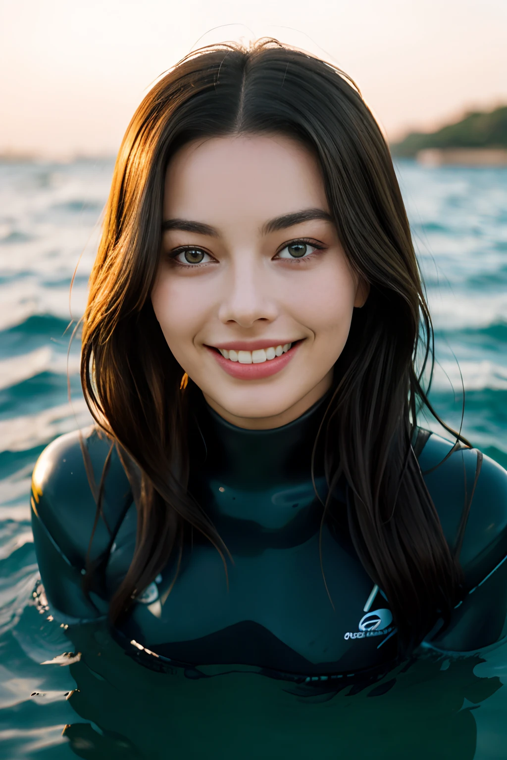 Margot Robbie, 1girl, portrait, face, depth of field, smile, wetsuit, sea, evening, afloat, waves,