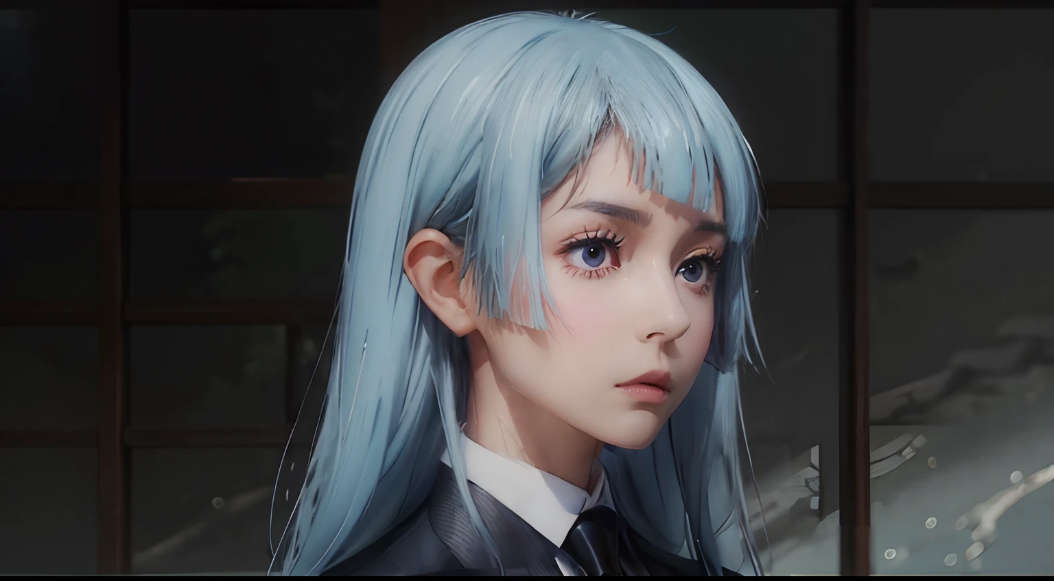 Miwa, black suit, long sleeve, black tie, light blue hair, long hair, asymmetric bangs, extremely beautiful face, exquisite face, seductive look, upper body, ((solo)), 1woman, film grain