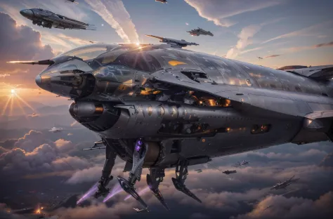 futuristic aircraft Biomechanical metallic, gray color with purple details, shoots laser rays, beautiful sunset, Ultra detailed, Hyper realistic, 4k, Ultra detailed image, realistic, Highly detailed, perfect composition, beautiful intricately detailed incr...