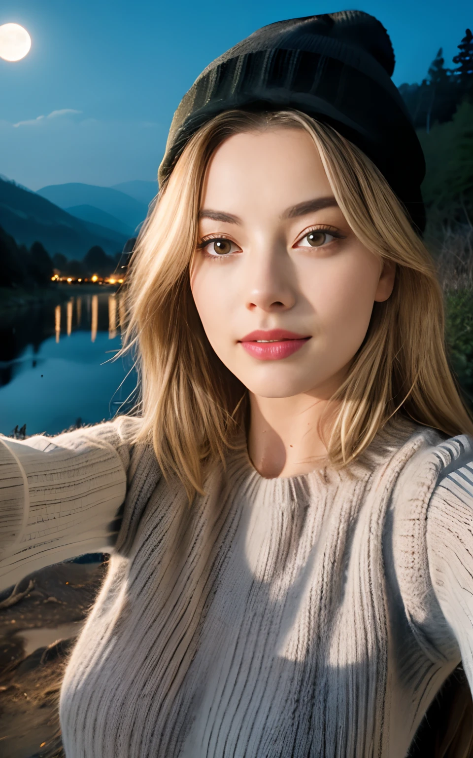 Margot Robbie, fotorealistisch, beste Qualität, hyperdetailliert, schöne Frau, Selfie-Foto, Oberkörper, Allein, Pullover tragen, draußen, (Nacht), Berge, Echte Natur, Sterne, Mond, (heiter, Glücklich), Schlafsack, Handschuhe, Pullover, beanie, Taschenlampe, Wald, Felsen, Fluss, Holz, Rauch, Nebel, klarer Himmel, analoger Stil, Betrachter betrachten, Hauttextur, Filmkorn, Nahaufnahme, ultrahohe Auflösung, bester Schatten, roh, Instagram LUT