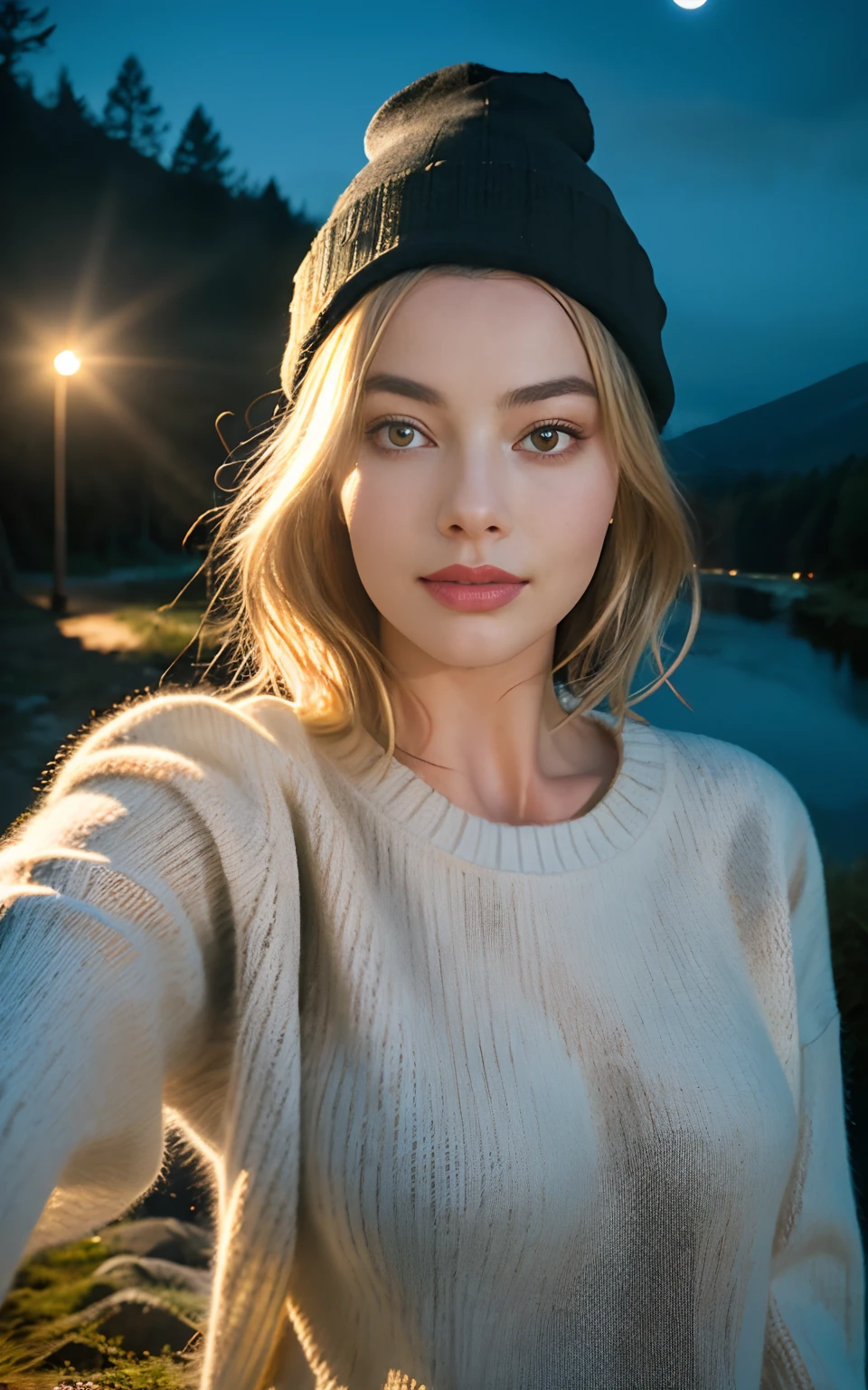 Margot Robbie, photorealistic, best quality, hyper detailed, beautiful woman, selfie photo, upper body, solo, wearing pullover, outdoors, (night), mountains, real life nature, stars, moon, (cheerful, happy), sleeping bag, gloves, sweater, beanie, flashlight, forest, rocks, river, wood, smoke, fog, clear sky, analog style, looking at viewer, skin texture, film grain, close up, ultra high res, best shadow, RAW, instagram LUT