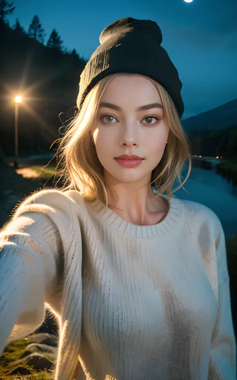 Margot Robbie, photorealistic, best quality, hyper detailed, beautiful woman, selfie photo, upper body, solo, wearing pullover, ...