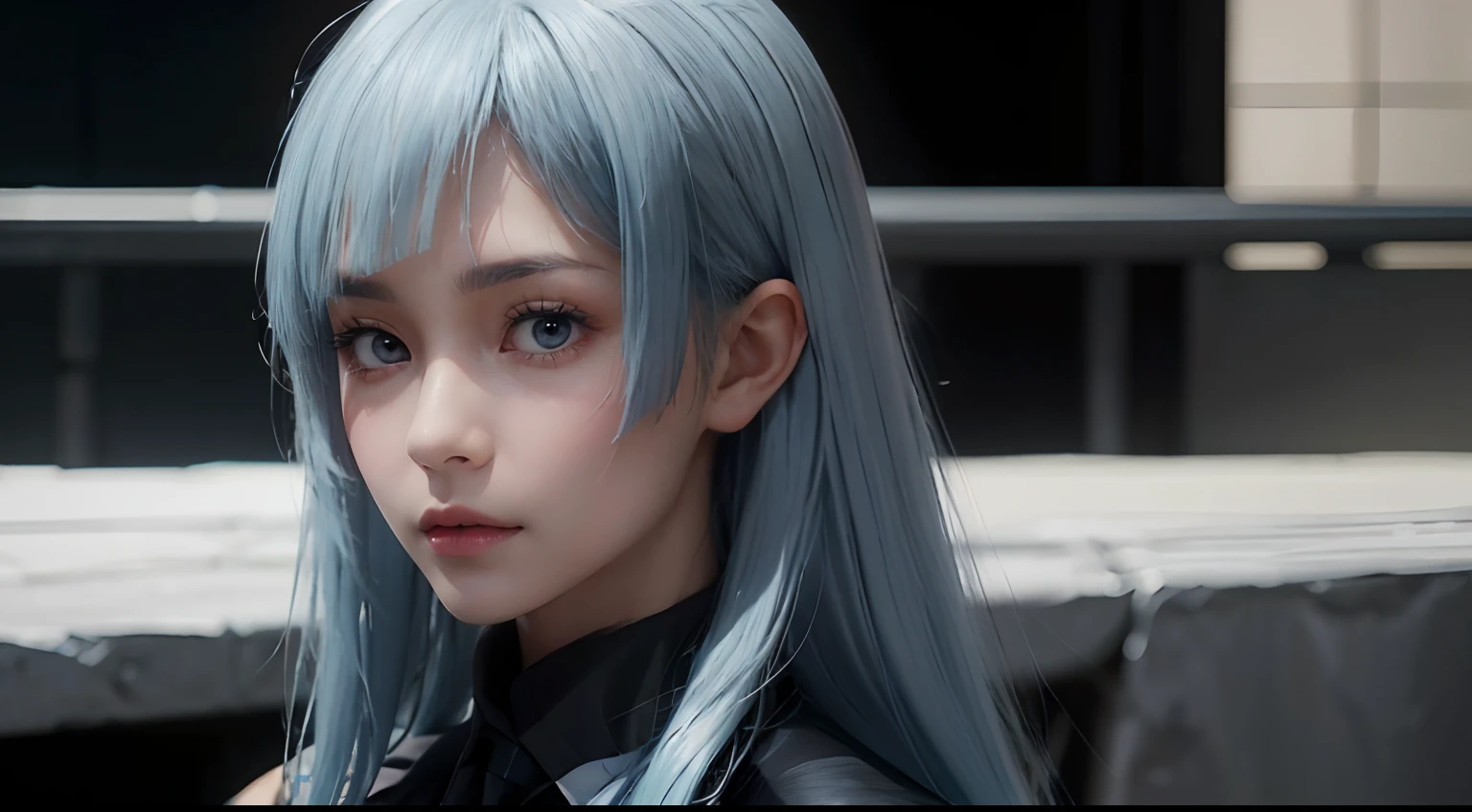 Miwa, black suit, long sleeve, black tie, light blue hair, long hair, asymmetric bangs, extremely beautiful face, exquisite face, seductive look, upper body, ((solo)), 1woman, film grain, realistic