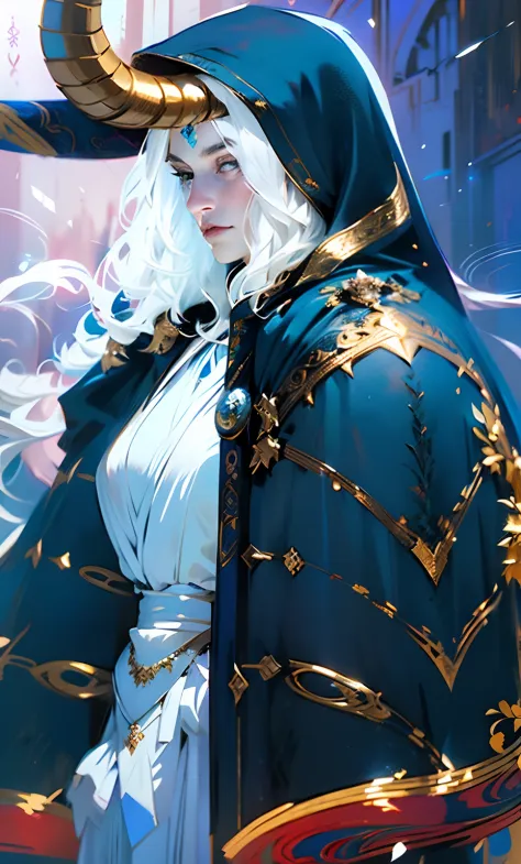 there is a woman with a horned head and a blue cape, white haired deity, flowing cape, cloak. extremely high details, beautiful ...