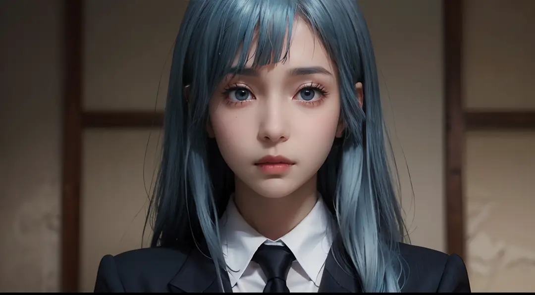 miwa, black suit, long sleeve, black tie, light blue hair, long hair, asymmetric bangs, extremely beautiful face, exquisite face...