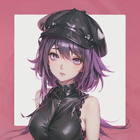 anime girl in a leather outfit with purple hair and a black hat, estilo anime 4k, estilo anime. 8k, arte no estilo de guweiz, re...