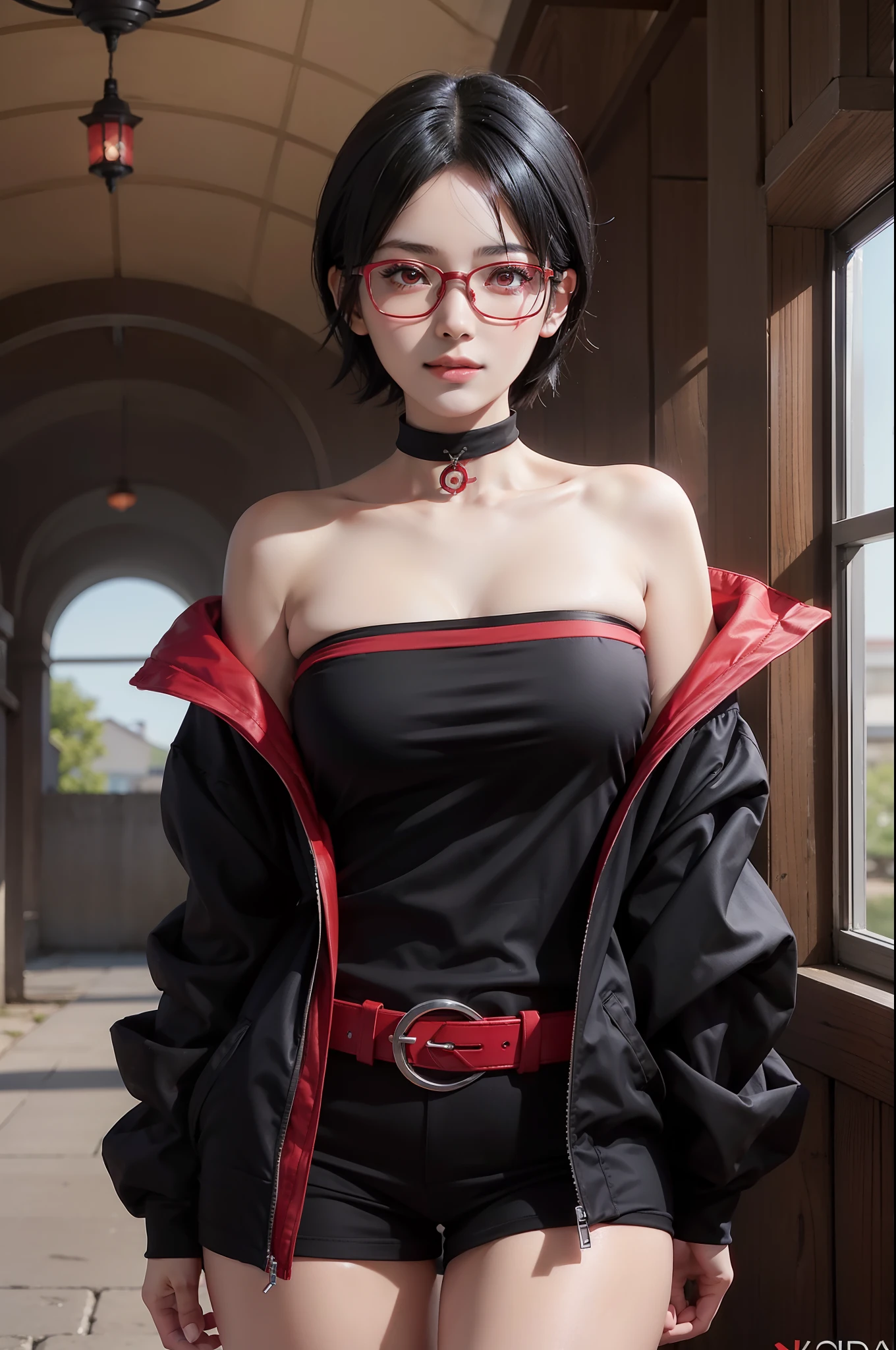 1 garota, uchiha sarada no anime boruto, cabelo curto, Cabelo preto, olhos vermelhos, sorriso, lindo, Vestido sexy, roupas sexy, Roupas vermelhas, usar óculos vermelhos, peito muito grande, realista clothes, roupas detalhadas, fundo ao ar livre, ultra detalhe, realista