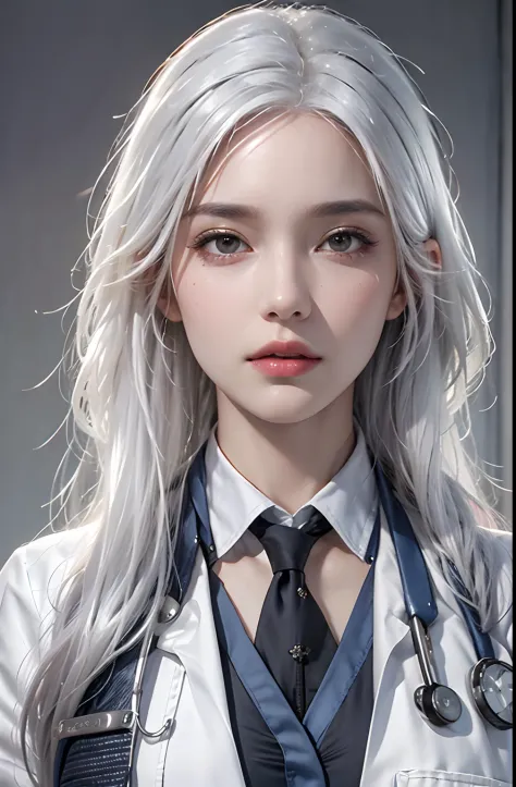 Photorealistic, high resolution, 1 Women, Solo, Hips up, view the viewer, (Detailed face), White hair, Long hair, doctor outfit,...