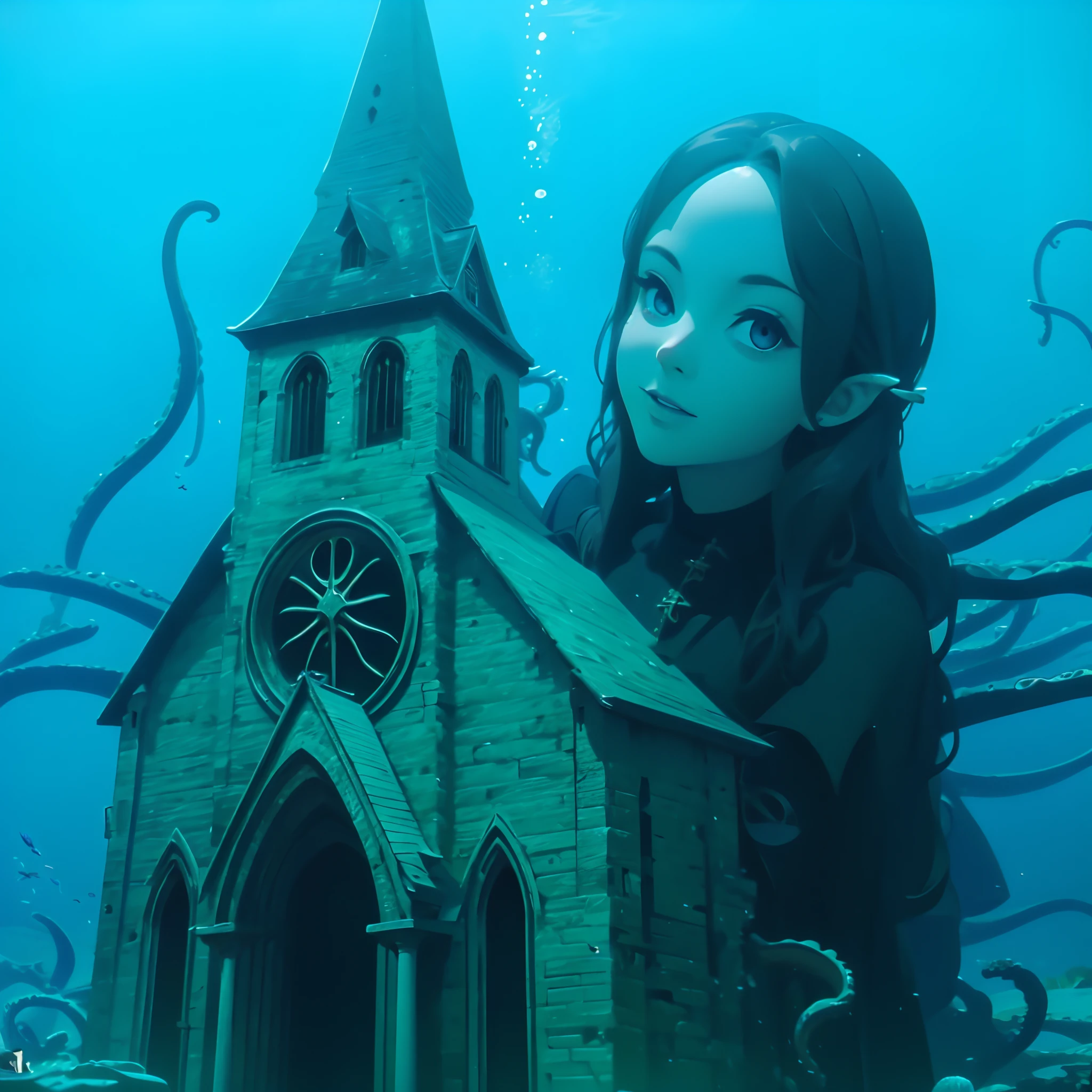 Unterwasserkirche. Sie ist ein Mädchen, das sich hinter der Kirche hervorlehnt. Sie ist ein riesiges Mädchen. Sie trägt ein Gothic-Kleid. Tentakeln umhüllen die Kirche.