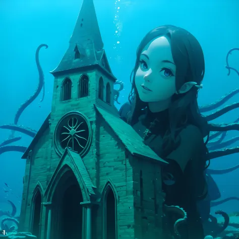 Undersea Church. She is a girl leaning out from behind the church. She's a huge girl. She wears a gothic dress. Tentacles envelo...