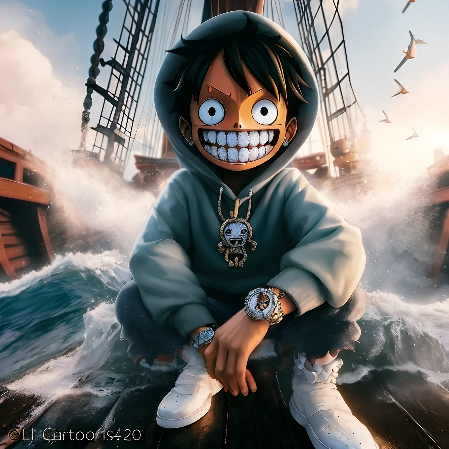 Anime character sitting on a boat in the ocean with a smile on his face -  SeaArt AI