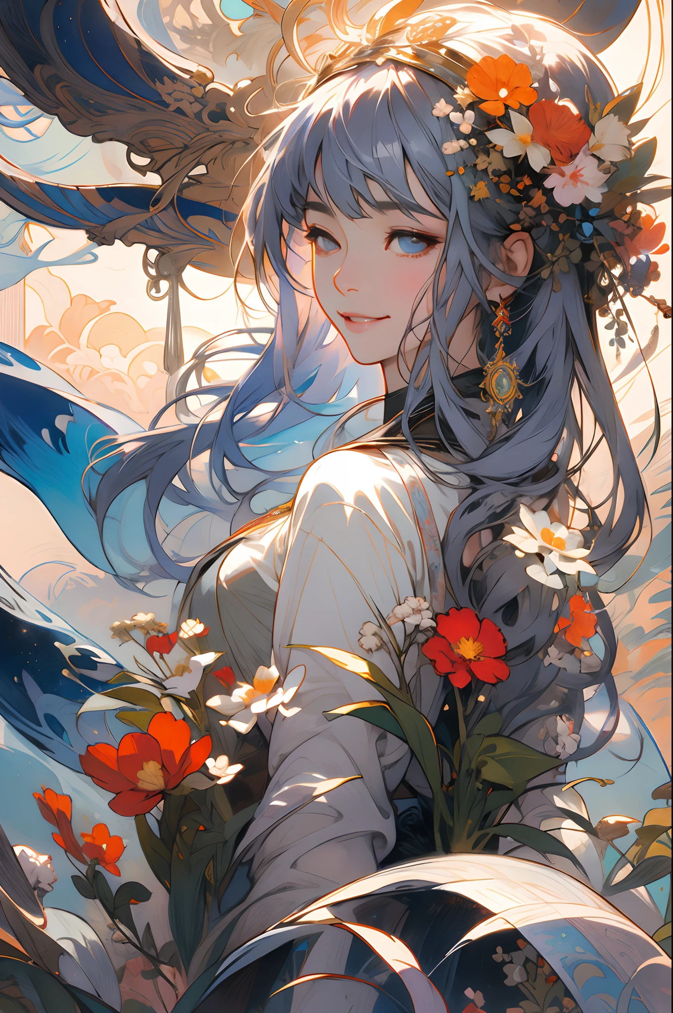 Beautiful gray hair quadratic girl with spiritual awakening，Smile symmetrically all over the body，closing her eyes，intricately details，The ethereal mysterious environment of the universe，Named after Greg Rutkovsky，RHADS，beeple，lois van baarle，Ilya Kuvshinov，rossdraws，tom bagshaw，A masterpiece of Alphonse Mucha's brush stroke style，Ultra-high resolution, High quality。