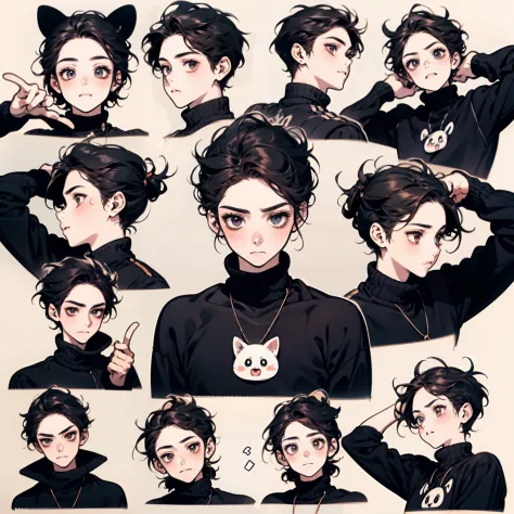 Cute boy avatar，Emoticon pack，（Cat's ears），(9 emojis，emoji sheet of，Align arrangement)，9 poses and expressions（grieves，amaze，having fun，exhilarated，great laughter，doubt，Angry，Touch your head，Sell moe, wait），Anthropomorphic style，Disney style，Black strokes，...