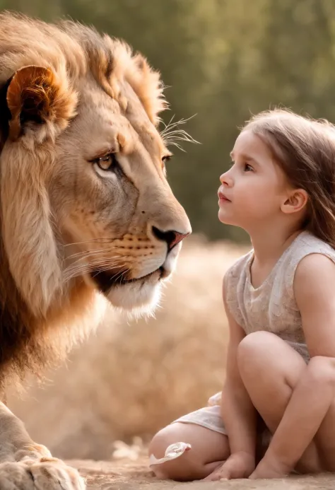 a lion and a 6-year-old girl, 6-year-old girl near the lion Cinematic and realistic image with a very detailed environment
