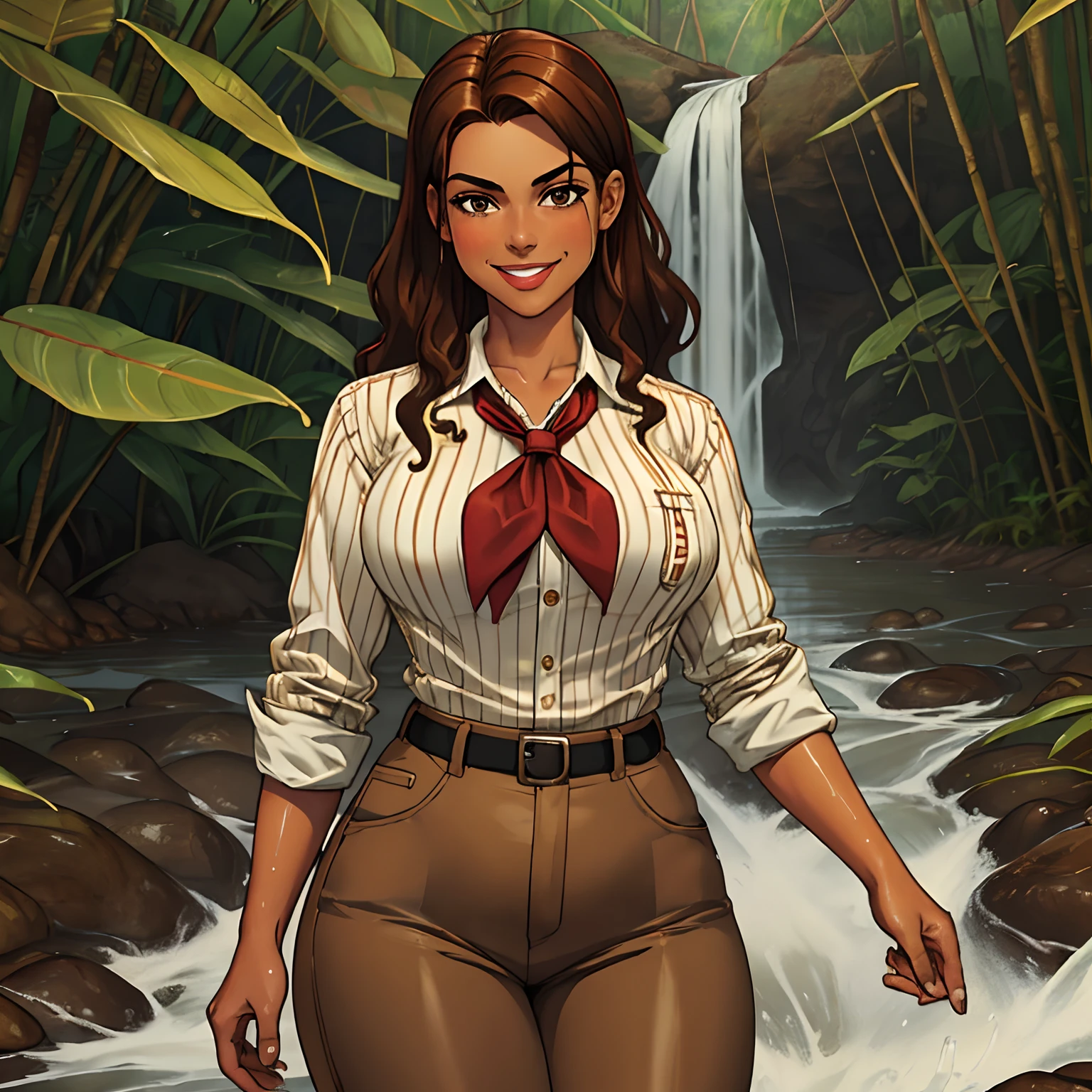 Abigail Shapiro, red neckerchief, brown skin, brown hair, large breasts, thin waist, wide hips, smile, White button shirt with pinstripes, brown pants standing in the Amazon river, wet, water flowing, jungle