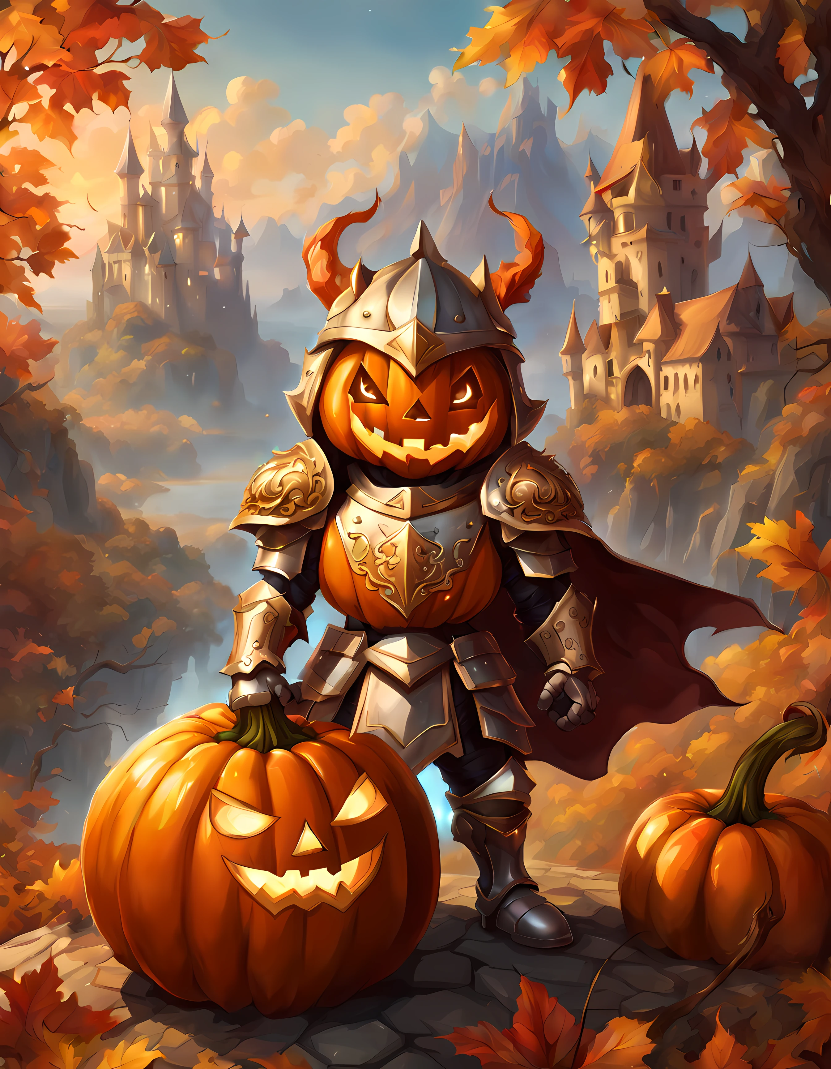 (cute cartoon pumpkin holy knight), holding two sharp blades, shiny pumpkin armor, breathtaking illustration, (epic fantasy landscape in the background), (draconic ornate:1.3)