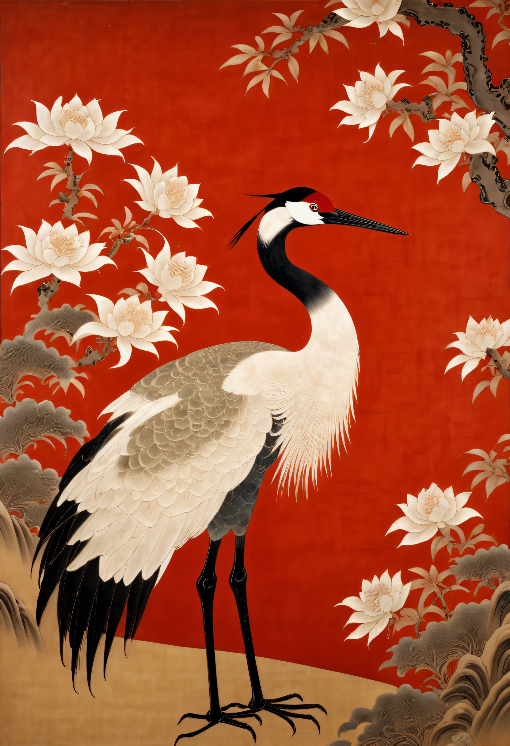 红色背景上的一只红顶鹤，背景上有一块切割面板, 日本美术馆, 深白色和浅棕色, 优雅而平衡, 标准集合, Song Huizong, 宋代绘画, 马赛克, 平面构图