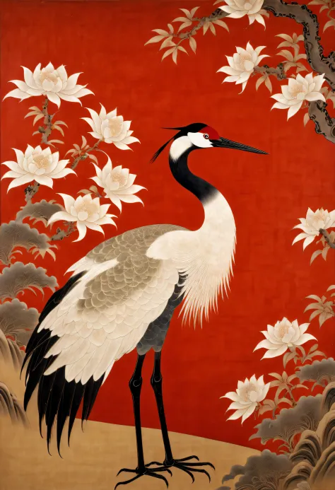 A red-capped crane on a red background，There is a cutting panel on the background, Museum of Japanese Art, Dark white and light brown, Elegant and balanced, Standard collection, Song Huizong, Song dynasty painting, a mosaic, Planar composition