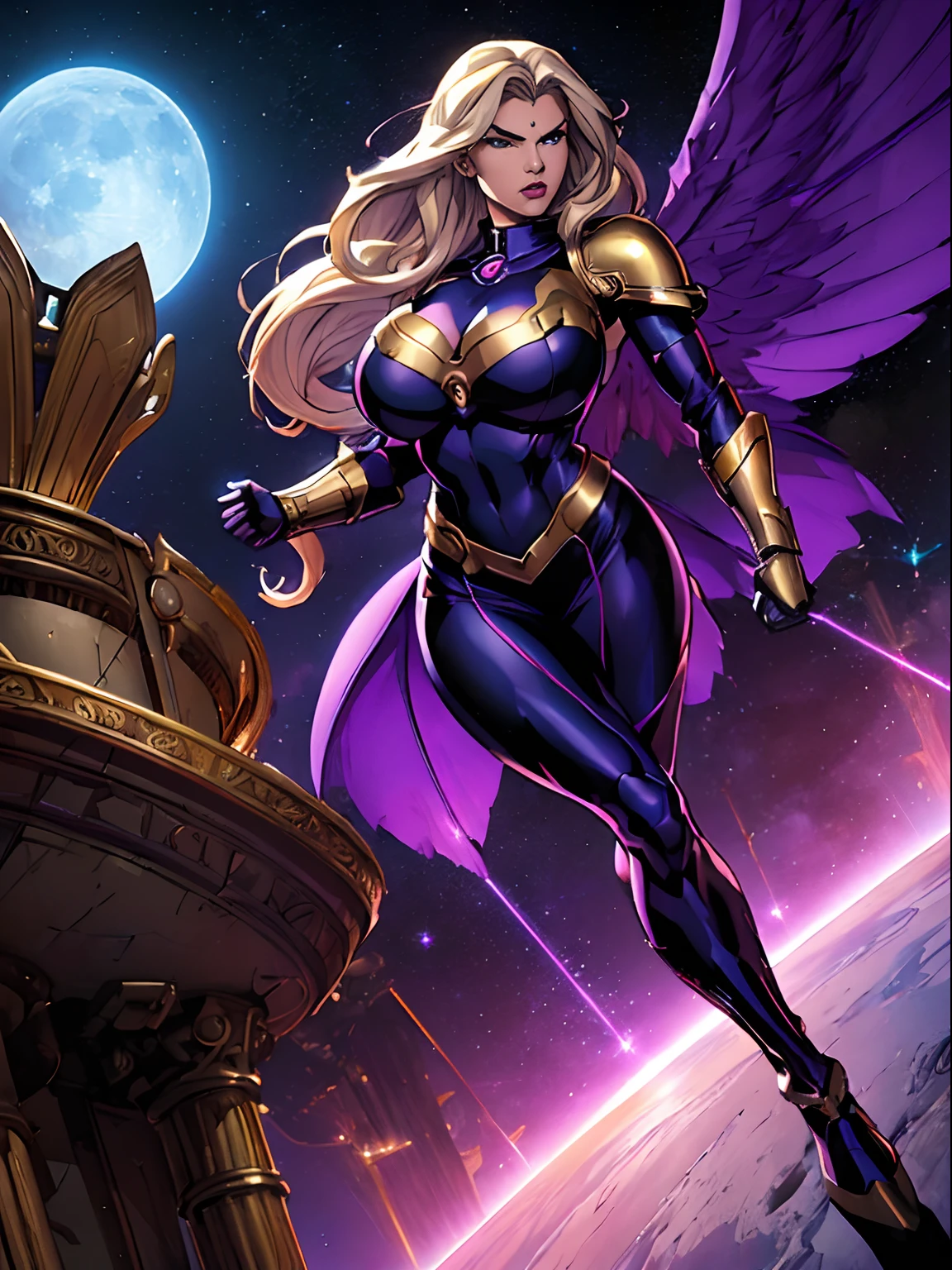 (masterpiece, top quality, best quality, official art, beautiful and aesthetic:1.2), (1girl:1.3), extremely long curly golden hair, extremely detailed, portrait, looking at viewer, solo, (full body:0.6), detailed background, close up, (cool science fiction space theme:1.1), extremely busty valkyrie, charlatan, mysterious, shooting lasers in space, cybernetic angel, huge feathered wings, chrome boob armor, dark purple streamers and skirts and sleeves and knee wrappings, cybernetic implants, mechanical hand, laser cannon, arm cannon, revealing chrome armor, bare midriff, glowing laser energy, halo, intricate armor, ornate chrome armor, sheer white fabric, elegant purple fabric, skirts, streamers, cowl, boots, bracers, ((((gigantic breasts))), slim waist, slim hips, long legs, athletic, SPACE, futuristic moon, (space exterior:1.1) background, dark mysterious lighting, shadows, magical atmosphere, dutch angle