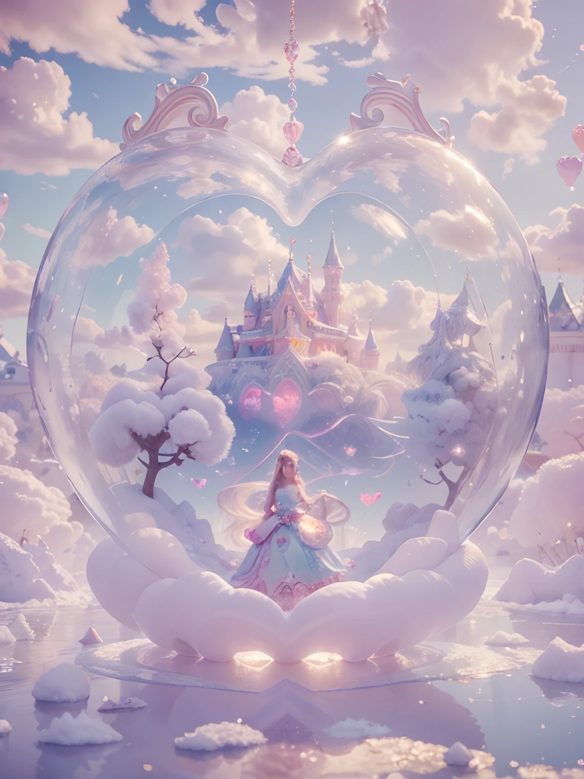 ハート型の泡の中に、綿菓子の女王の女性女神が8K解像度でレンダリングされ、超リアルで精巧なディテールが、冷たいハート型の氷の泡の中に住んでいます。, 城がたくさんある幻想的な場所, 綿菓子, 白鳥の湖とふわふわの雲, コンピュータプログラミングの複雑な視覚的表現, 24K解像度で精巧なディテールとシンボルをレンダリング.