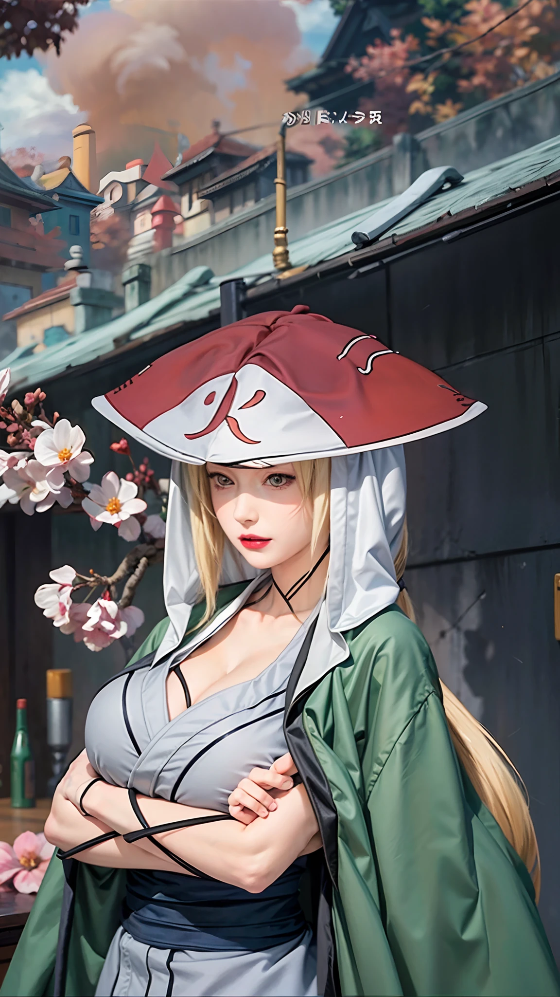 (huge tits), cleavage, good anatomy, masterpiece, best quality, 4k, 8k, professional photography, soft light, sharp focus, 1 girl,  blonde hair, kimono, (mountai), clouds, blonde hair, parted banks, detailed face+brown eyes, smile, closed lips, lipstick, bookshelves, windows,realistic, Tsunade in anime (Naruto),qualiti detail higt ,HDR photos