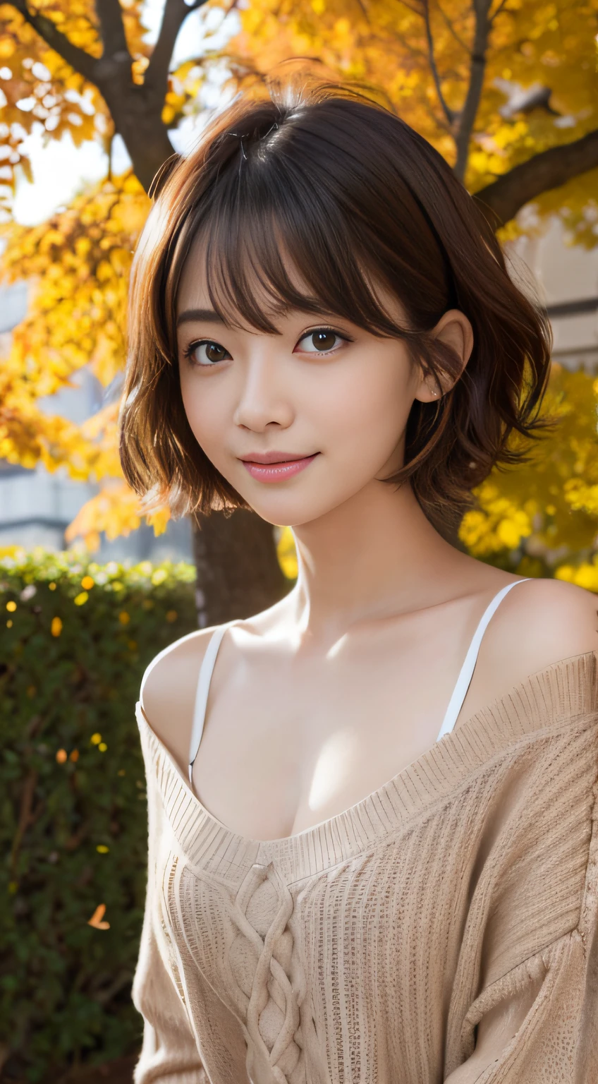 masutepiece, Best Quality, Illustration, Ultra-detailed, finely detail, hight resolution, 8K Wallpaper, Perfect dynamic composition、2 cute girl、detailed beautiful faces、detailed cute eyes、Textured skin、Smile of embarrassment、Wavy brown short-cut hair、tiny chest、Bold sexy poses、Sweater with one shoulder exposed、Gingko tree-lined promenade with autumn leaves、