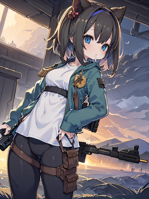 An anime style girl, with gum in her mouth, big matte blue eyes, long sideburns, low-cut white short t-shirt, camouflage jacket, leggings, perfect breasts, big ass, thick thighs, holster, ((((Rifle strapped to her back) ))), {extremely detailed 16k CG unit...