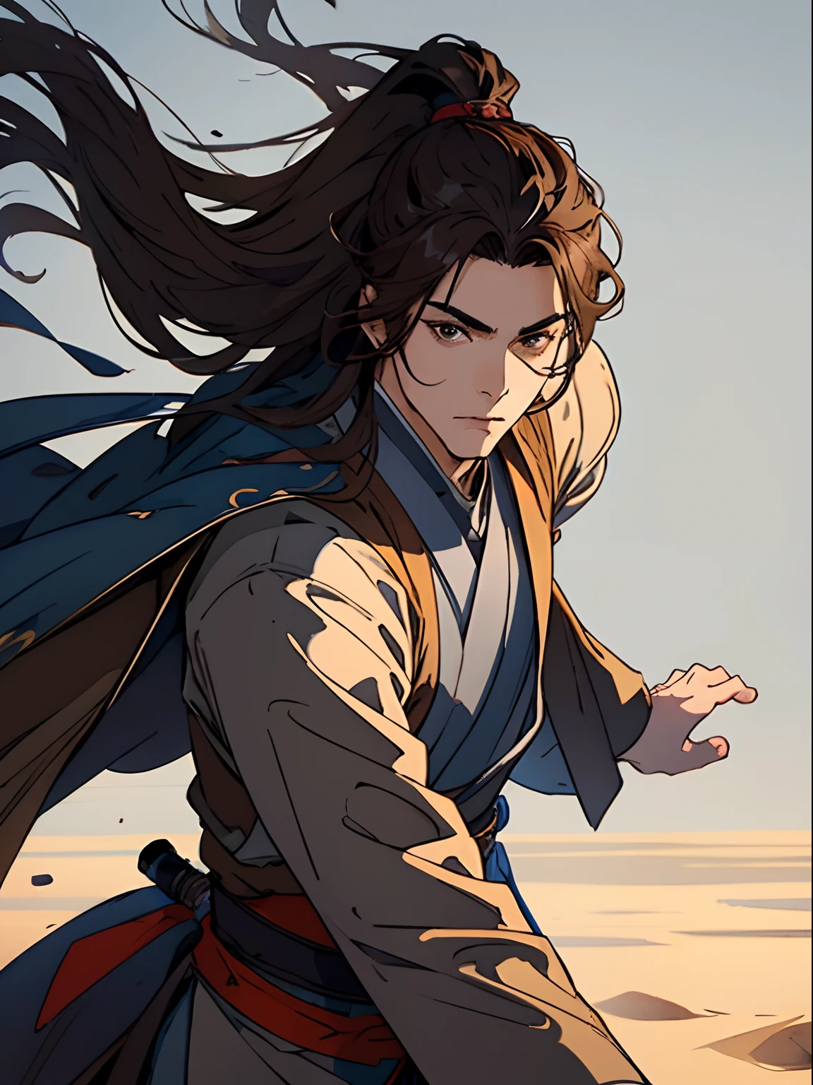 of a guy，The head of the big shot，Dark brown main color picture，Brown clothing，Upper body portrait，A steady and vigorous look，hair flowing，Gentle eyes，The background is the wind and sand of the ancient battlefield，Ultra-clear image quality，8k ultra high definition，Wuxia style costume。