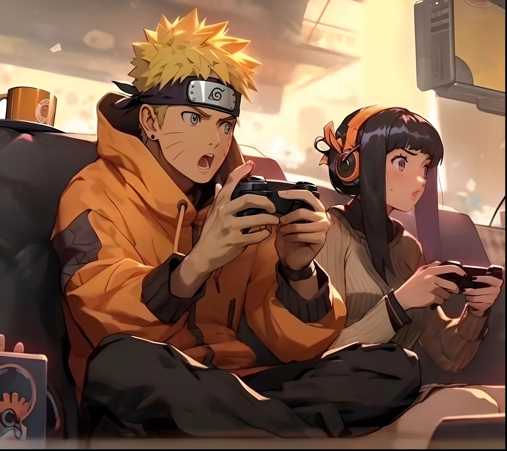 Anime characters sitting on a couch playing video games on their phones -  SeaArt AI