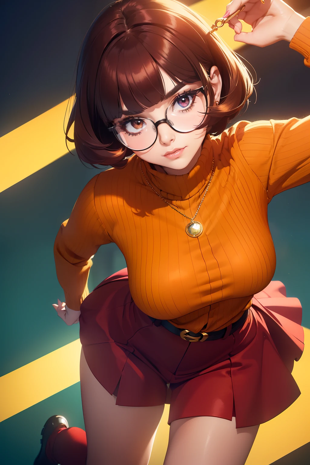 ((masterpiece, best quality, ultra-detailed, ultra-HD, photorealistic, cinematic)), (close-up camera shot, from below:1.2), (twerking, sensual pose), (alluring and voluptuous female as Velma Dinkley:1.2), perfect anatomy, perfect face, proportioned hands, (deep shade of auburn with a slight natural wave hair color, chin-length bob with blunt bangs hairstyle:1.3), (retro-chic style outfit, knee-length and maroon turtleneck dress), (a matching maroon belt that cinches at her waist:1.2), (thick-framed black square glasses), (wears knee-high, mustard-yellow socks that peek out just above her brown, sensible lace-up shoes), (sports a delicate, gold pendant necklace with a small magnifying glass charm), (vibrant orange cardigan slung over her shoulders), ((dynamic background))