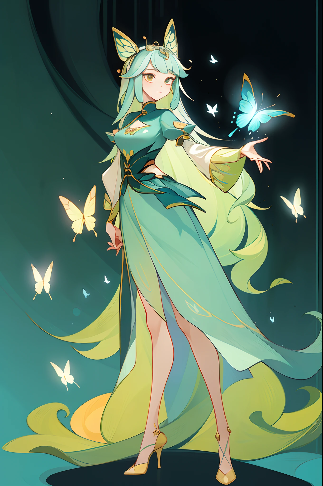 (1 Anthropomorphism of butterflies), (standing full-body), (Full body standing painting), 1 Princess，(standing full-body)，solo, long  skirt，character  design, fanciful, tmasterpiece，top Quority，best qualtiy，Ultra-high resolution，Exquisite facial features
