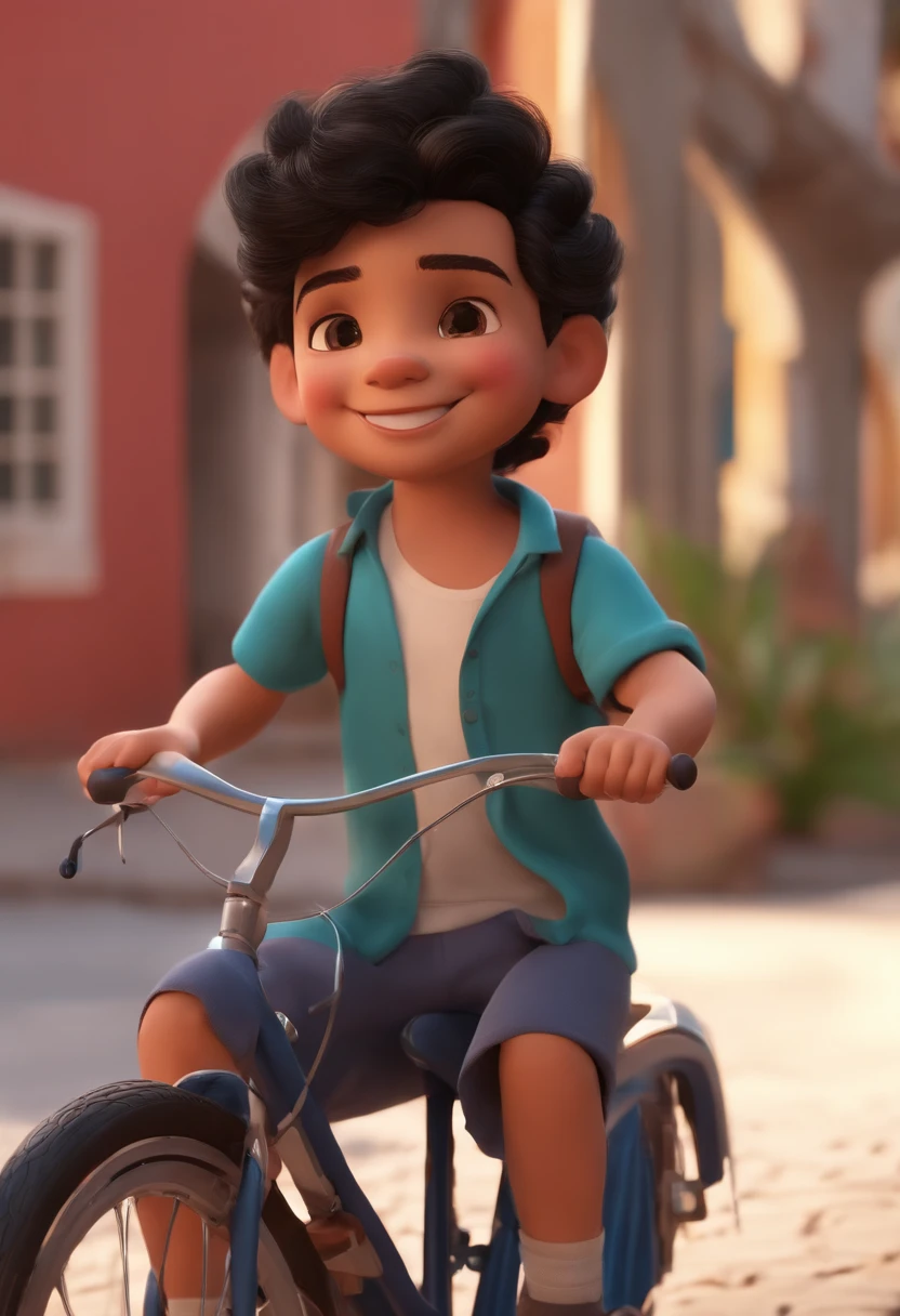 A happy cute boy standing in black hair shivers, cor da pele moreno, camisa vermelha, bermuda preta, Andar de bicicleta , Estilo Pixar, ..........3d, desenhos animados, rosto detalhado 8k, andar de bicicleta