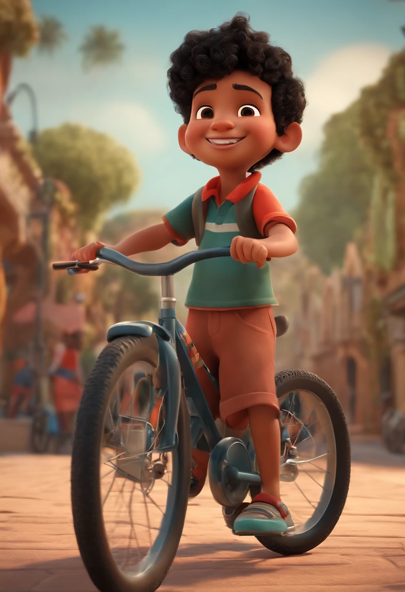 A happy cute boy standing in black hair shivers, cor da pele moreno, camisa vermelha, bermuda preta, Andar de bicicleta , Estilo Pixar, ..........3d, desenhos animados, rosto detalhado 8k, andar de bicicleta