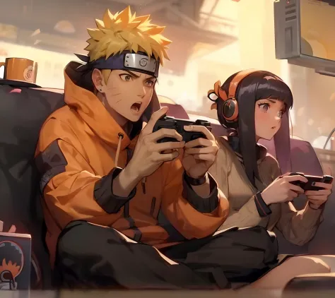 anime characters sitting on a couch playing video games on their phones, anime style 4 k, naruto in gta v, trending anime art, h...